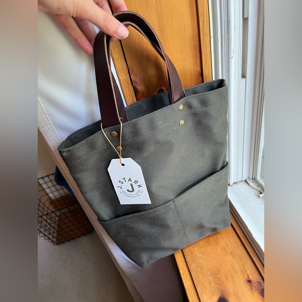 NWT j.stark charcoal waxed canvas bag with leather straps
